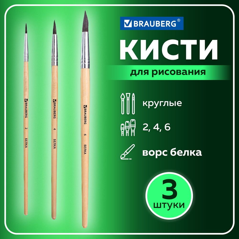 Кисти BRAUBERG, набор 3 шт. (белка, круглые № 2, 4, 6), блистер