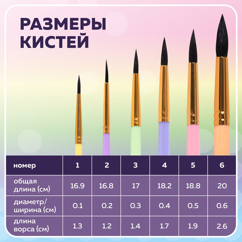 Кисти БЕЛКА набор 6 шт. (круглые № 1, 2, 3, 4, 5, 6), блистер, BRAUBERG KIDS