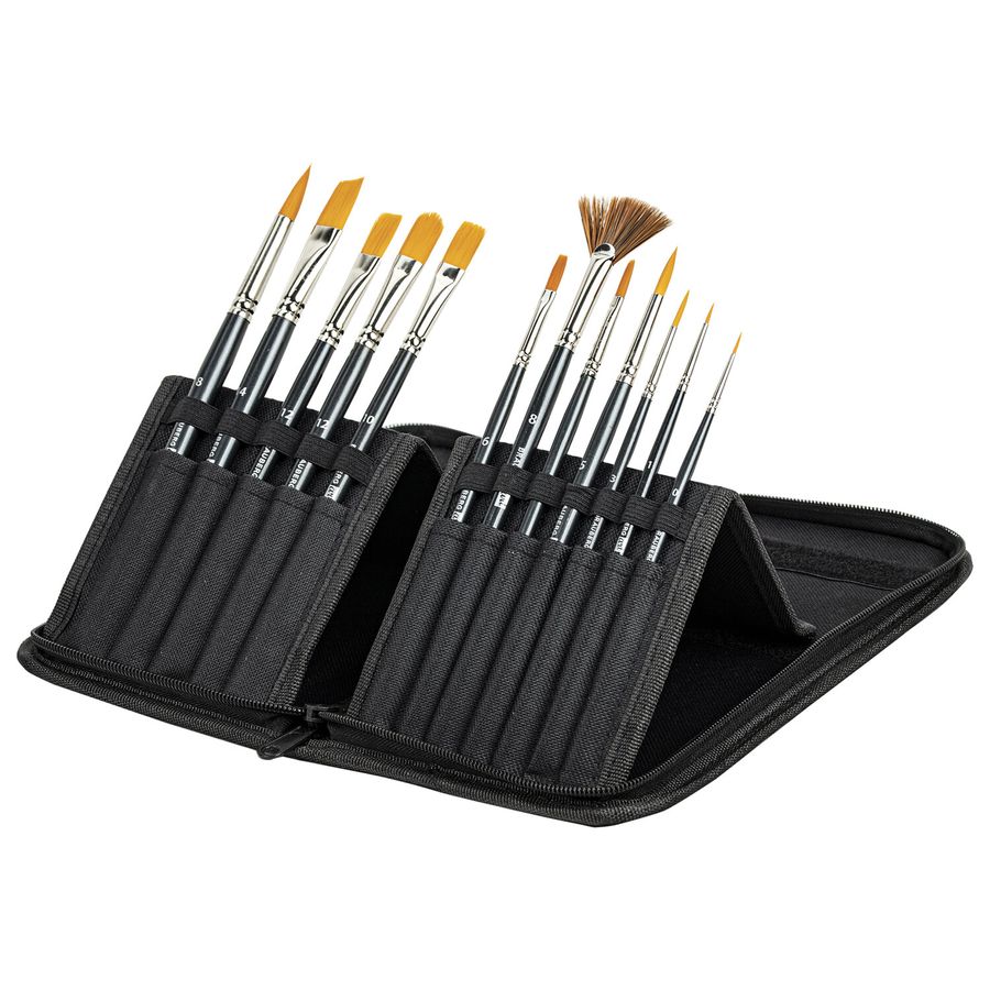 Кисти художественные набор 12 шт. в черном пенале, синтетика, BRAUBERG ART CLASSIC, № 0-14 + веерная