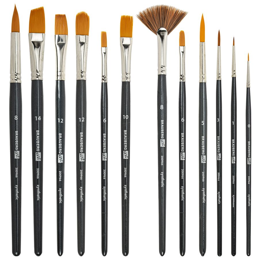 Кисти художественные набор 12 шт. в черном пенале, синтетика, BRAUBERG ART CLASSIC, № 0-14 + веерная