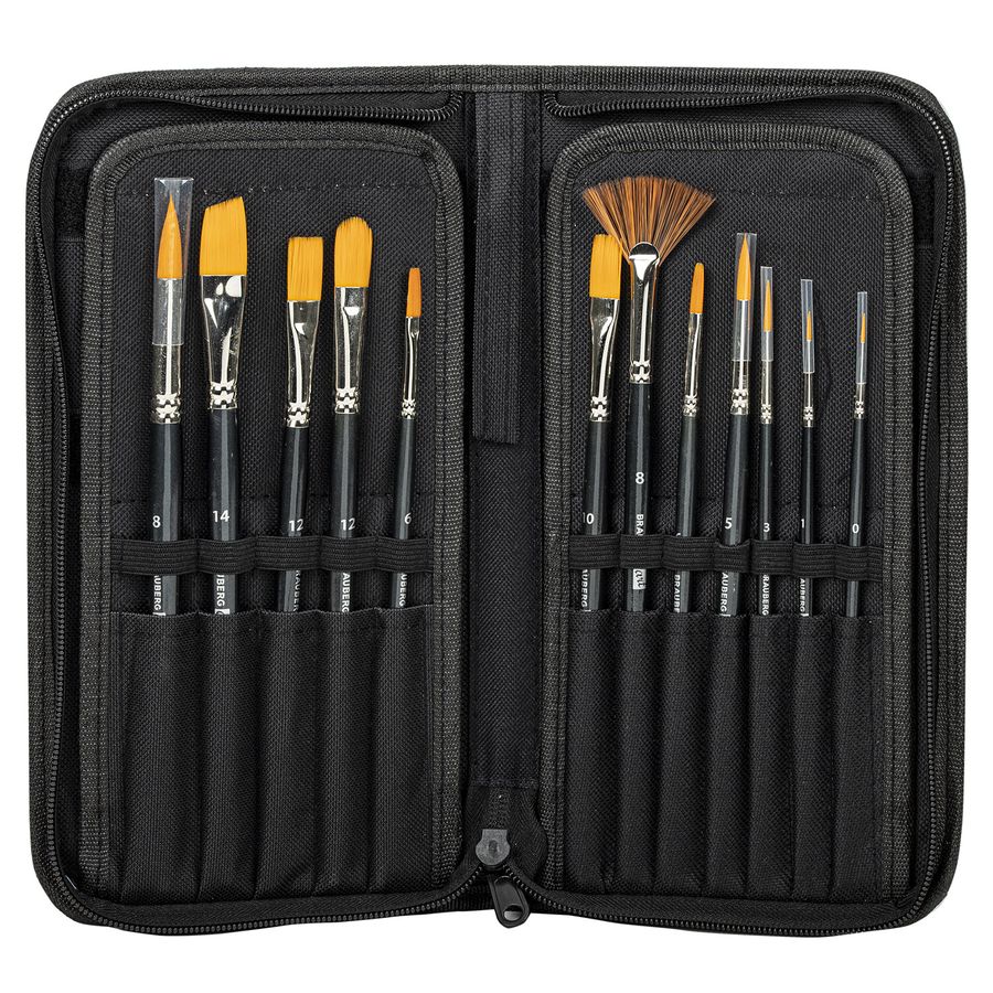 Кисти художественные набор 12 шт. в черном пенале, синтетика, BRAUBERG ART CLASSIC, № 0-14 + веерная