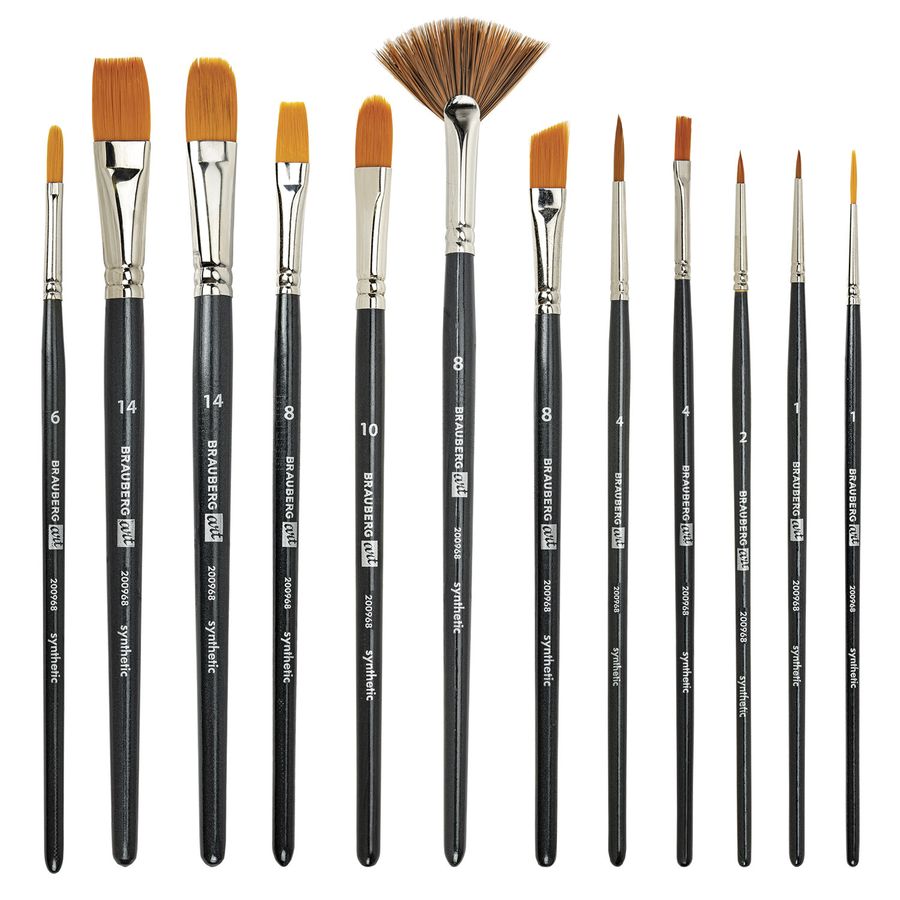 Кисти художественные набор 12 шт., в черной скрутке, синтетика, BRAUBERG ART CLASSIC, № 1-14 + веерная