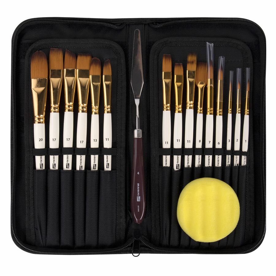 Кисти художественные набор 15 шт. + мастихин в пенале, белые, синтетика, BRAUBERG ART DEBUT
