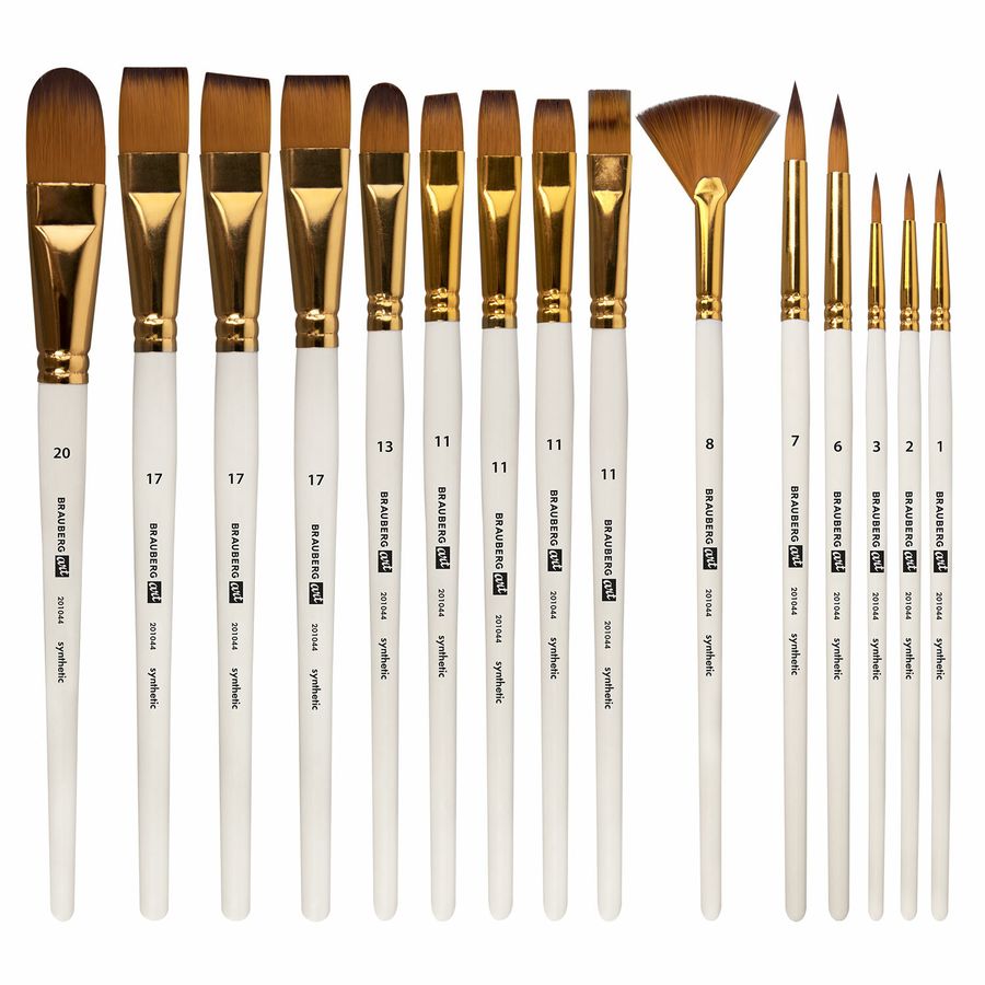 Кисти художественные набор 15 шт. + мастихин в пенале, белые, синтетика, BRAUBERG ART DEBUT