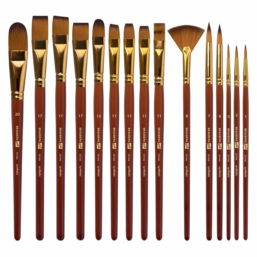 Кисти художественные набор 15 шт. + мастихин в пенале, коричневые, синтетика, BRAUBERG ART DEBUT