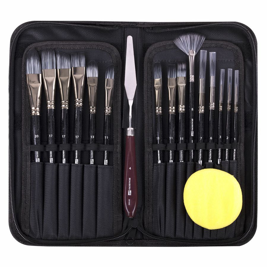 Кисти художественные набор 15 шт. + мастихин, в пенале, черные, синтетика, BRAUBERG ART DEBUT