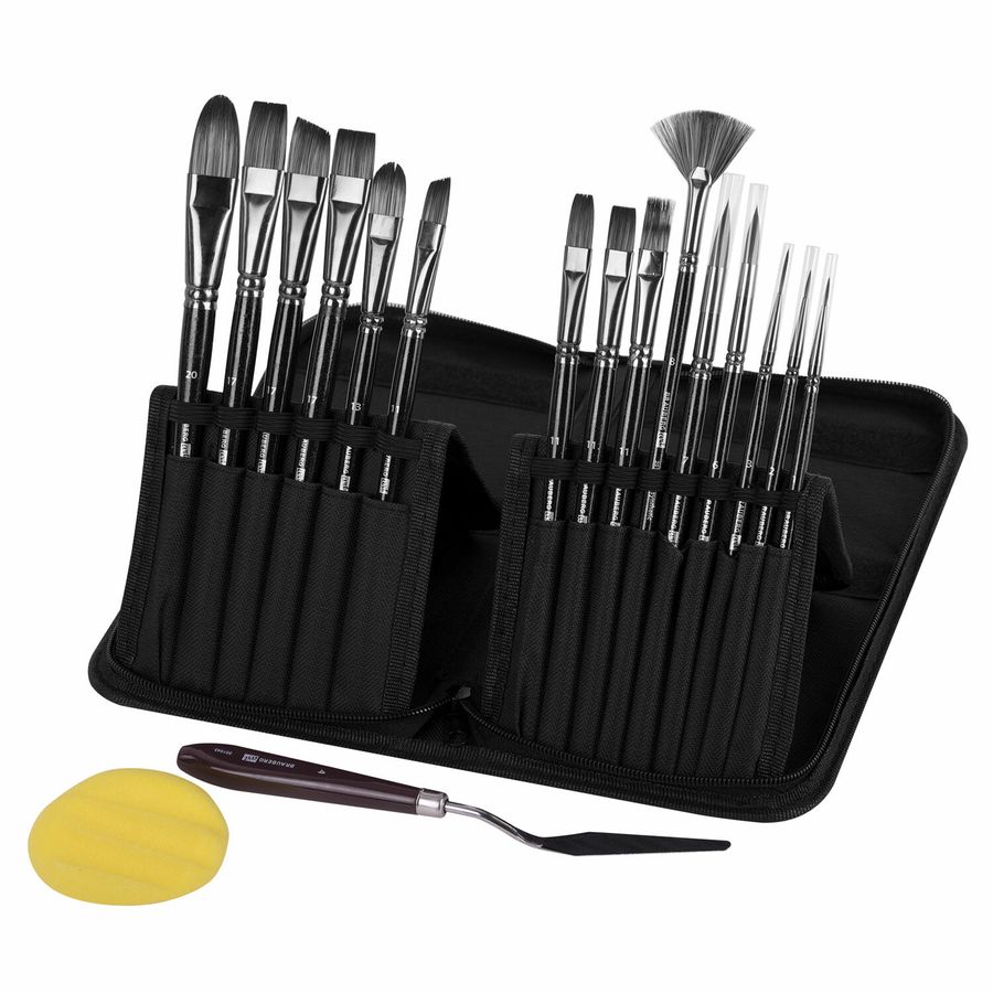 Кисти художественные набор 15 шт. + мастихин, в пенале, черные, синтетика, BRAUBERG ART DEBUT
