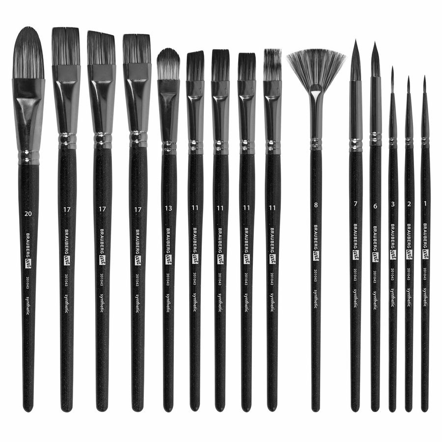 Кисти художественные набор 15 шт. + мастихин, в пенале, черные, синтетика, BRAUBERG ART DEBUT
