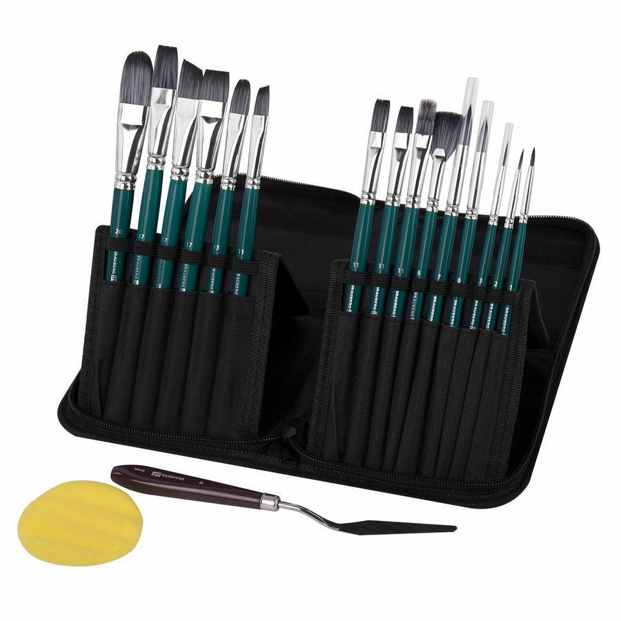 Кисти художественные набор 15 шт.+мастихин, в пенале, изумрудные, синтетика, BRAUBERG ART DEBUT