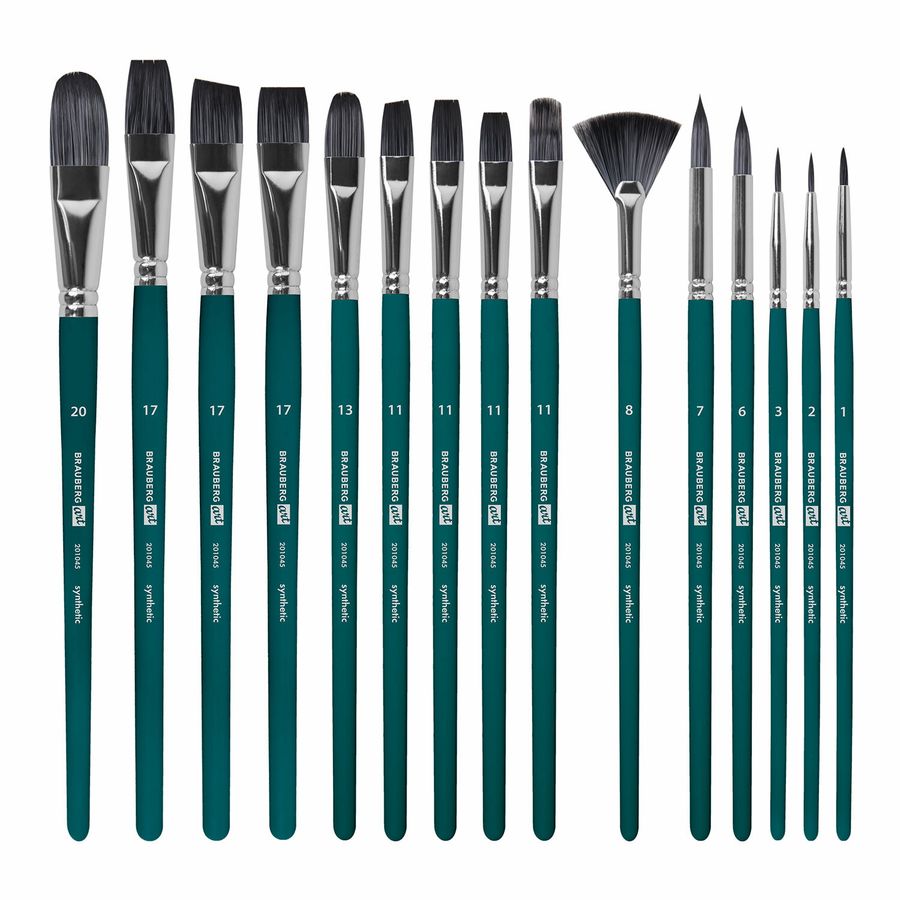 Кисти художественные набор 15 шт.+мастихин, в пенале, изумрудные, синтетика, BRAUBERG ART DEBUT