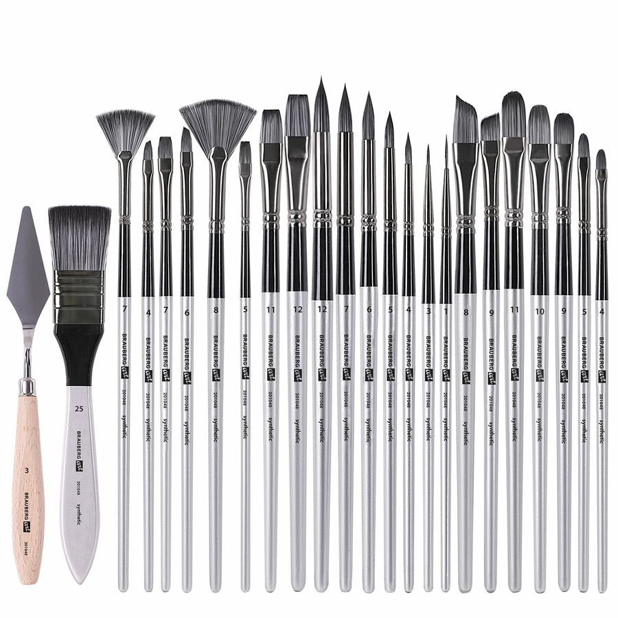 Кисти художественные набор 23 шт., синтетика с мастихином, в пенале, BRAUBERG ART DEBUT