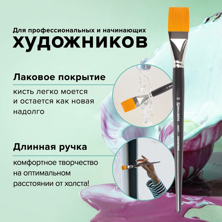 Кисть художественная проф. BRAUBERG ART CLASSIC, синтетика жесткая, плоская, № 36, длинная ручка