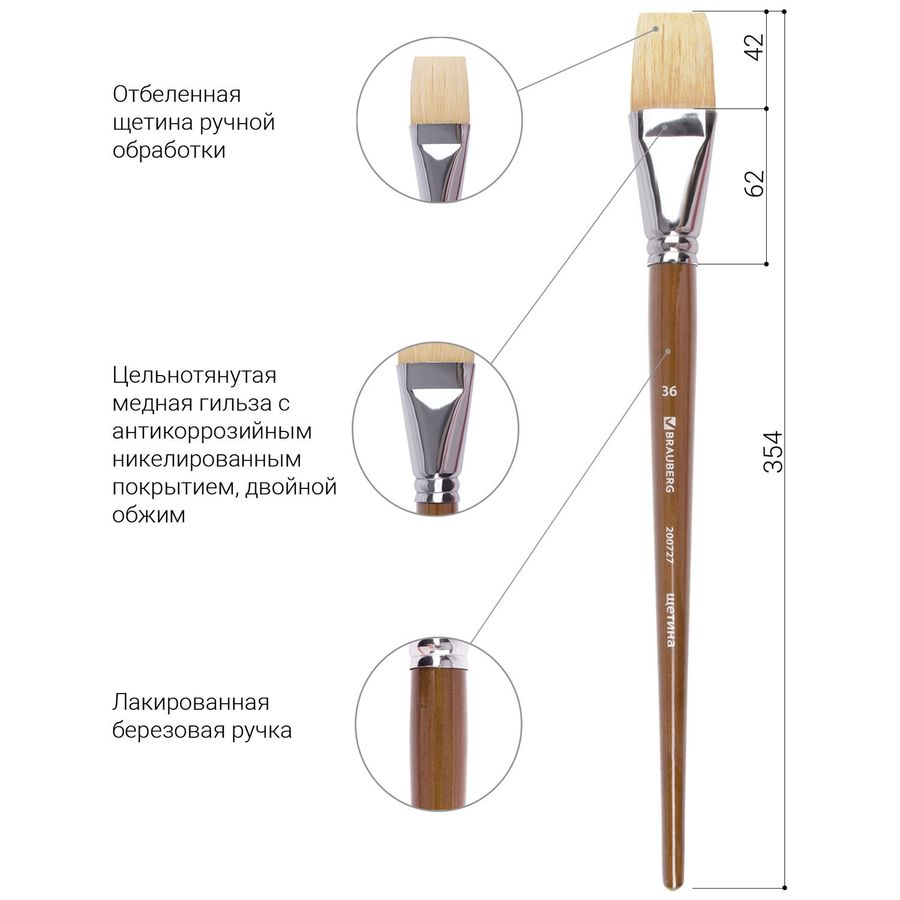 Кисть художественная профессиональная BRAUBERG ART CLASSIC, щетина, плоская, № 36, длинная ручка