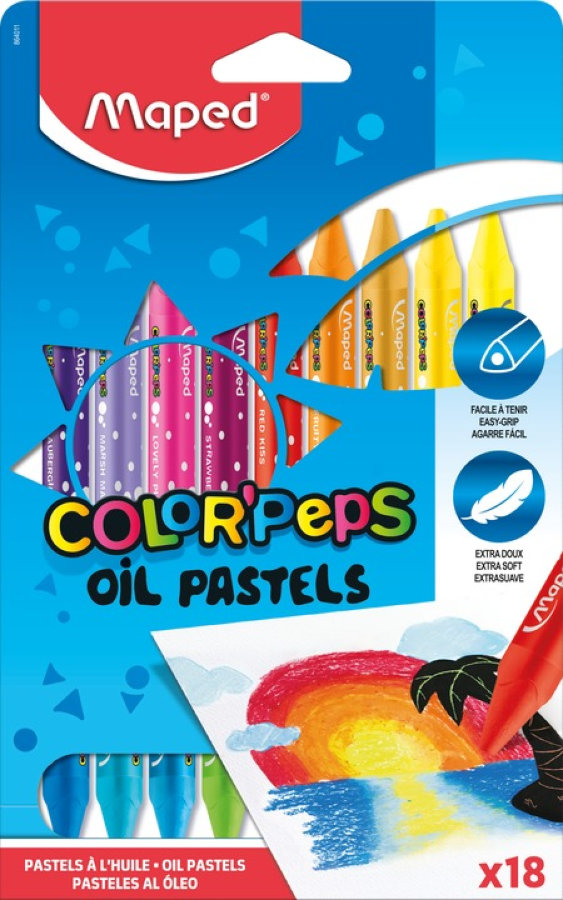 Пастель масляная 18 цветов MAPED OIL PASTEL, треугольный корпус, супер мягкая, разные эффекты, в картонном футляре