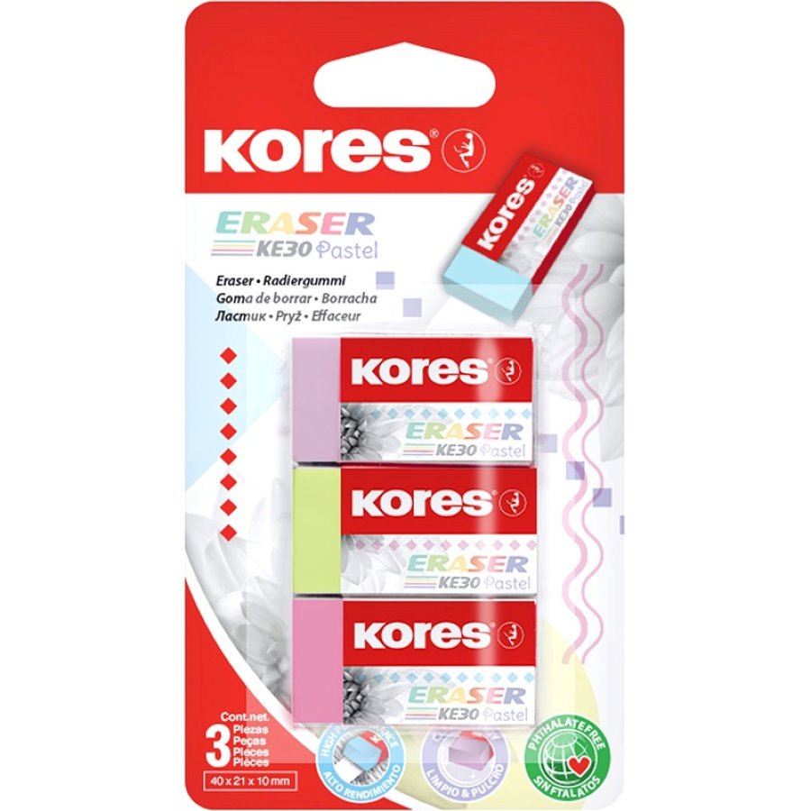 Ластик Kores KE-30 ПВХ прямоугольный 40x21x10 мм (3 шт/уп)