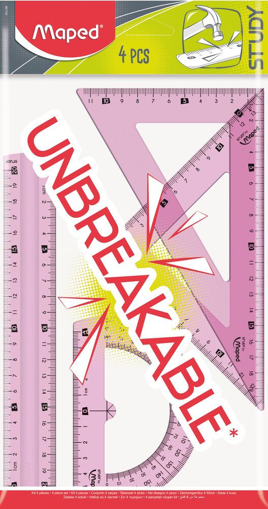 Набор суперпрочных принадлежностей для черчения, MAPED STUDY UNBREAKABLE, 4 предмета, в пакете с подвесом