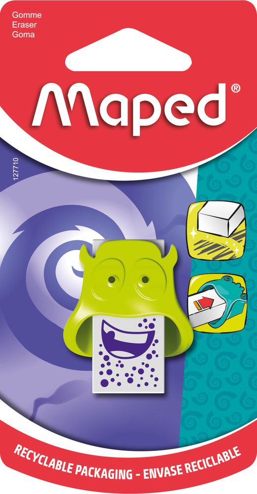 Ластик декорированный в пластиковом футляре в виде монстра, MAPED LITTLE MONSTER, ассорти, в блистере