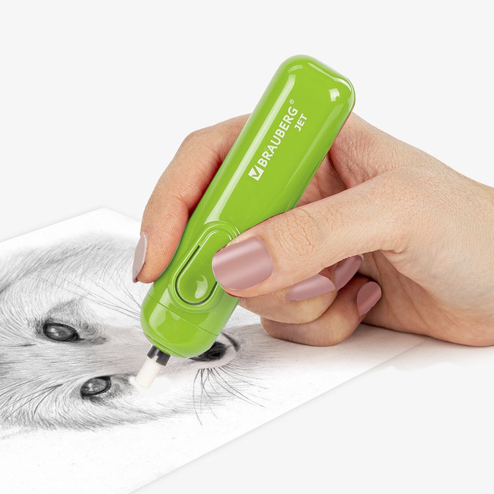 Ластик электрический BRAUBERG JET, питание от 2 батареек ААА, 8 сменных ластиков, салатовый