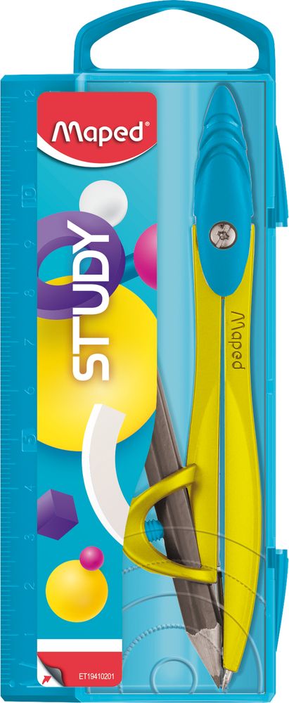 Циркуль из цинкового сплава, MAPED STUDY POP, с эргономичной головкой, с универсальным держателем, в пластиковом футляре, в комплекте карандаш, яркие цвета ассорти