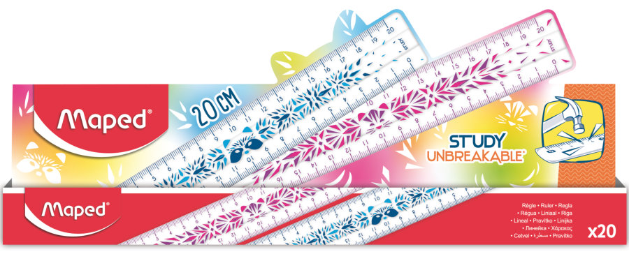 Суперпрочная плоская декорированная линейка, MAPED STUDY UNBREAKABLE FANCY, 20 см, ассорти, в пакете с подвесом