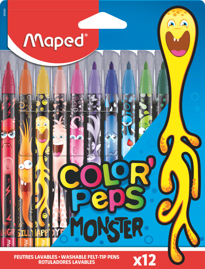 Фломастеры с заблокированным пишущим узлом, MAPED COLOR′PEPS MONSTER, средний пишущий узел, смываемые, декорированные, в картонном футляре, 12 цветов