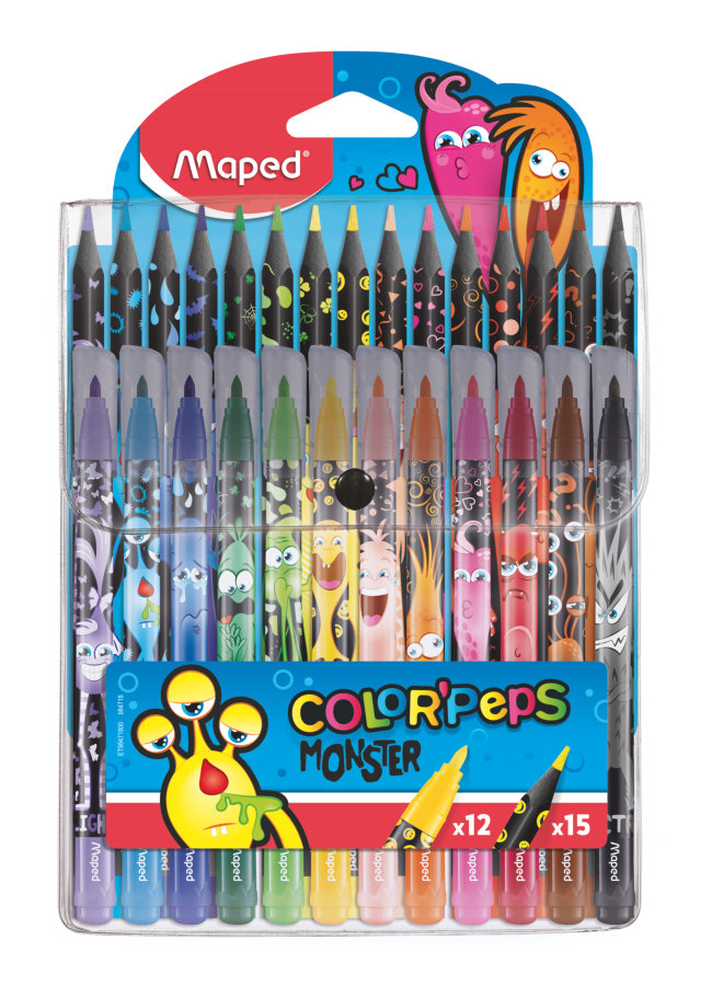 Набор для рисования: 12 фломастеров, MAPED COLOR′PEPS MONSTER, 15 пластиковых цветных карандашей, декорированный корпус, в футляре