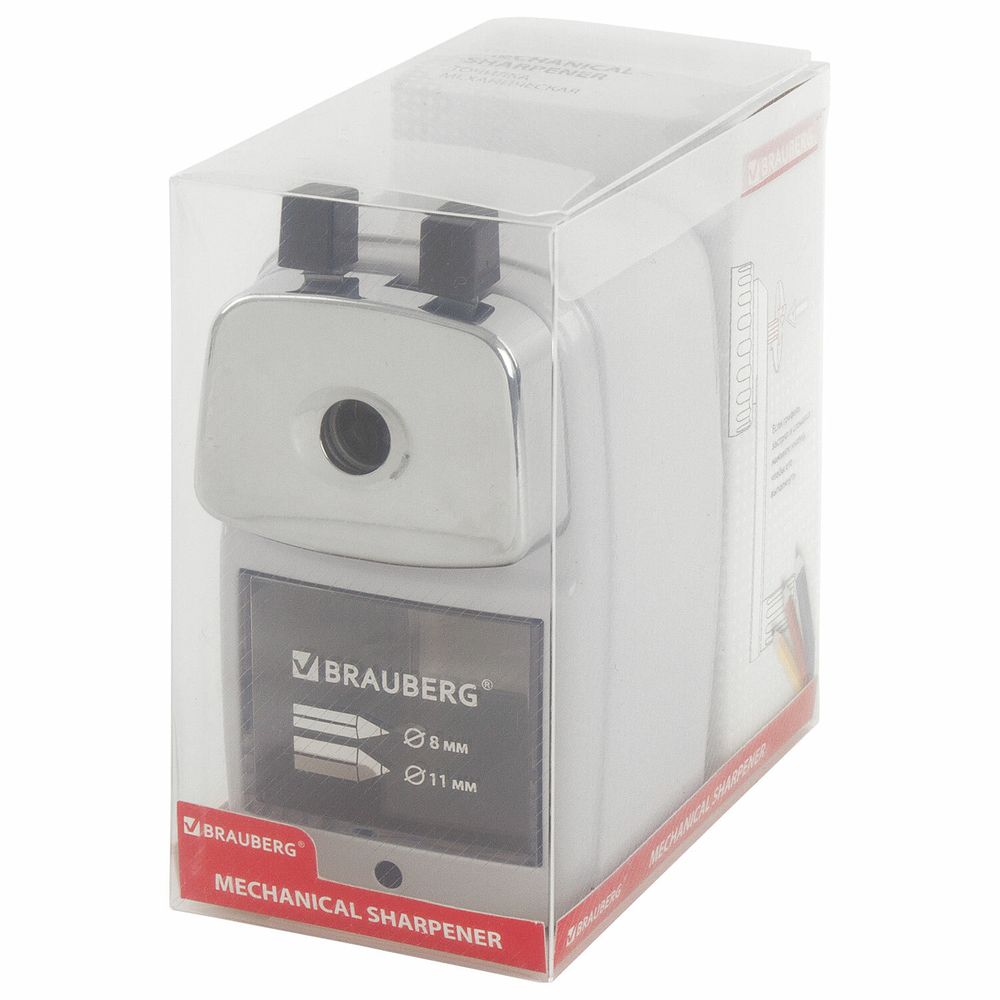 Точилка механическая BRAUBERG "METALLIC-X", для ч/гр и цветных карандашей (в том числе утолщенных), крепление, металлический корпус