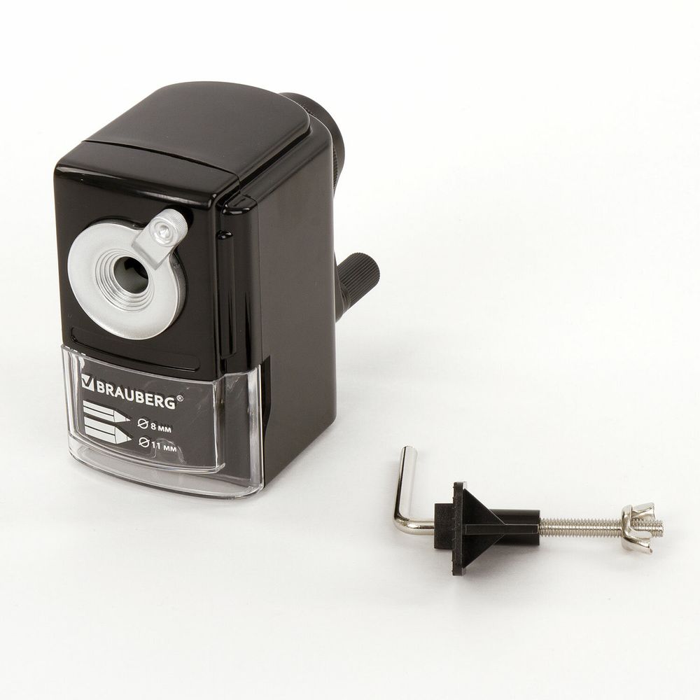 Точилка механическая BRAUBERG "STYLE", для ч/гр и цветных карандашей (в том числе утолщенных), крепление к столу, корпус черный