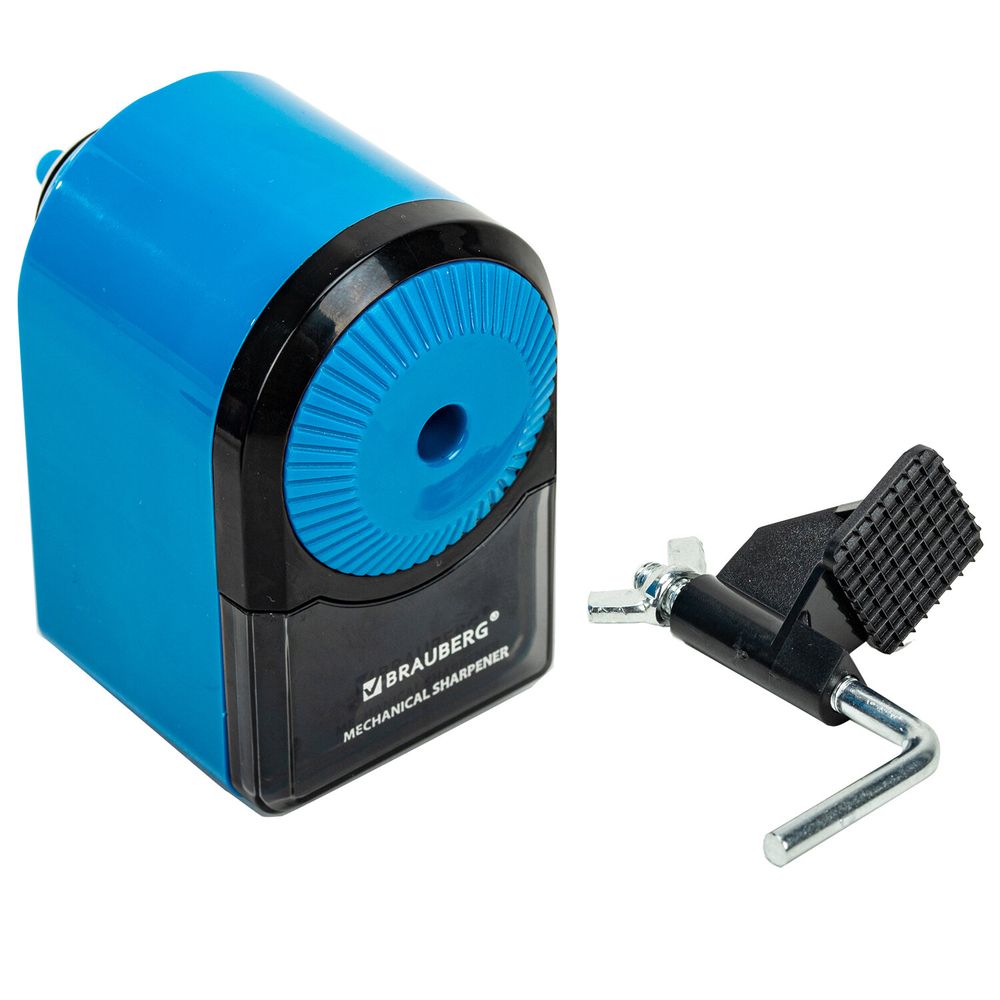 Точилка механическая BRAUBERG ULTRA для чернографитных и цветных карандашей, крепление к столу, цвет корпуса голубой с черным
