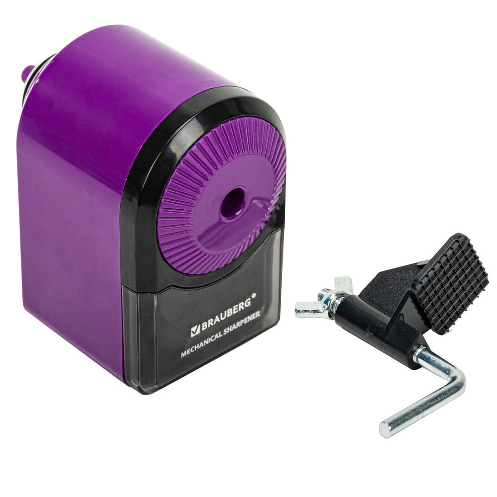 Точилка механическая BRAUBERG ULTRA для чернографитных и цветных карандашей, крепление к столу, цвет корпуса сиреневый с черным