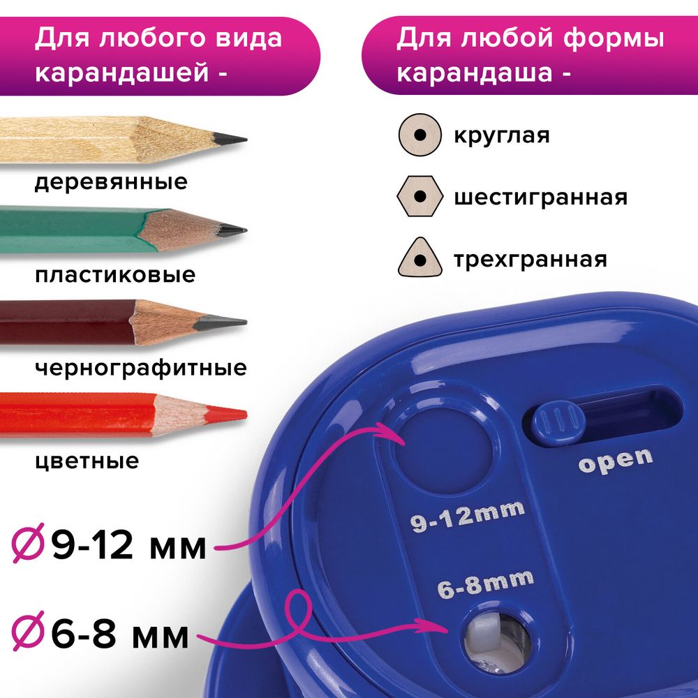 Точилка электрическая BRAUBERG "STANDARD", 2 отверстия для карандашей (включая утолщенные), питание от 4 батареек АА