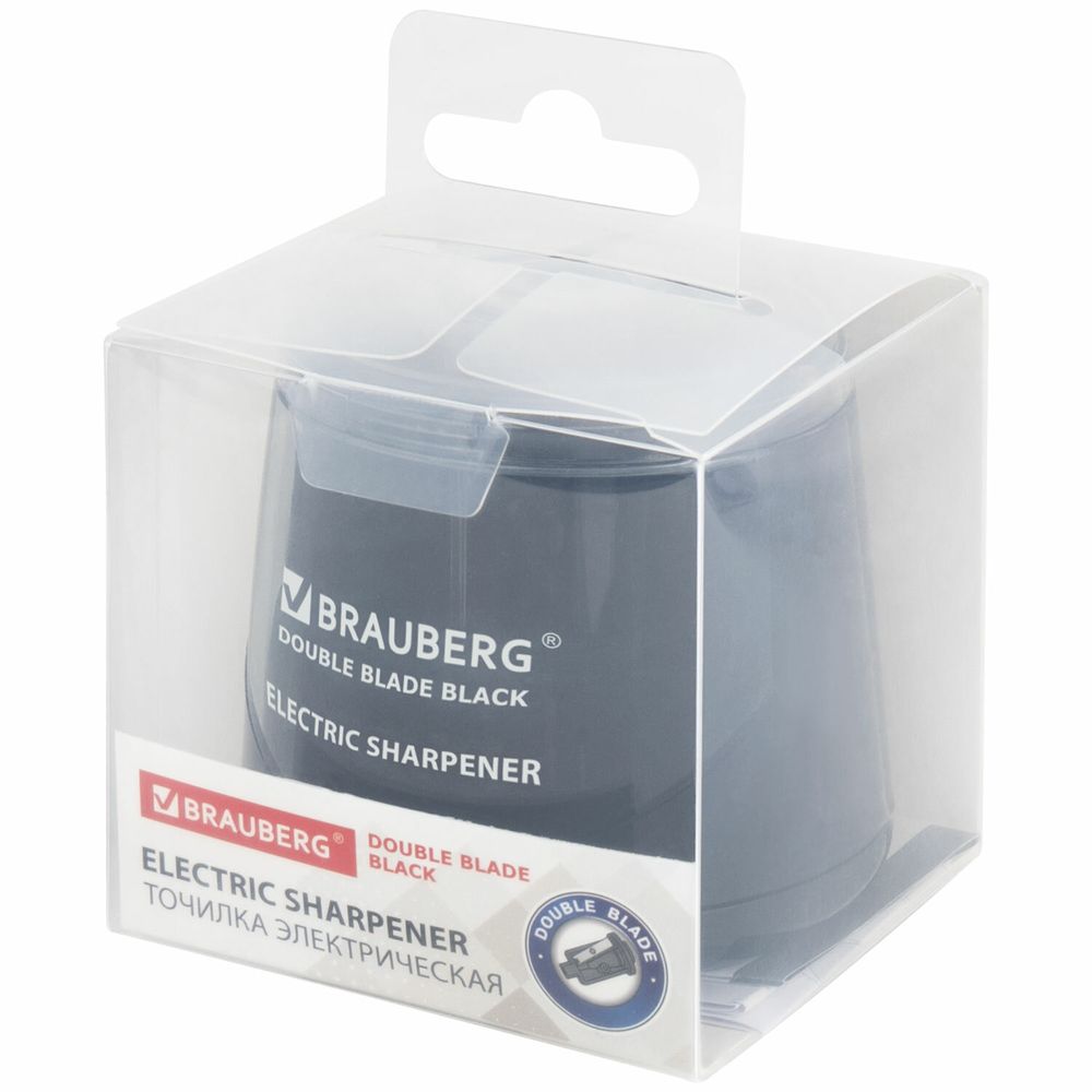 Точилка электрическая BRAUBERG DOUBLE BLADE BLACK, двойное лезвие, питание от 2 батареек АА