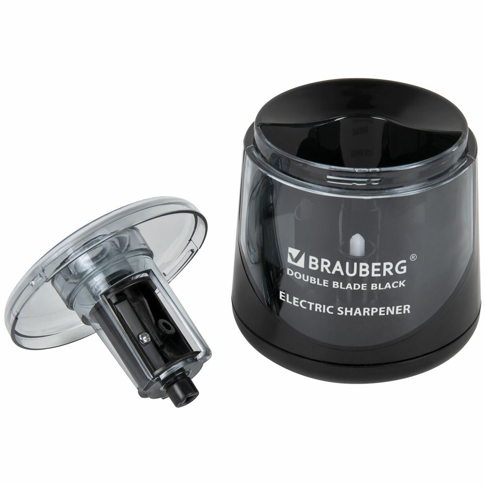Точилка электрическая BRAUBERG DOUBLE BLADE BLACK, двойное лезвие, питание от 2 батареек АА