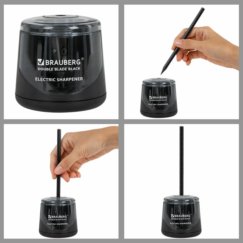 Точилка электрическая BRAUBERG DOUBLE BLADE BLACK, двойное лезвие, питание от 2 батареек АА