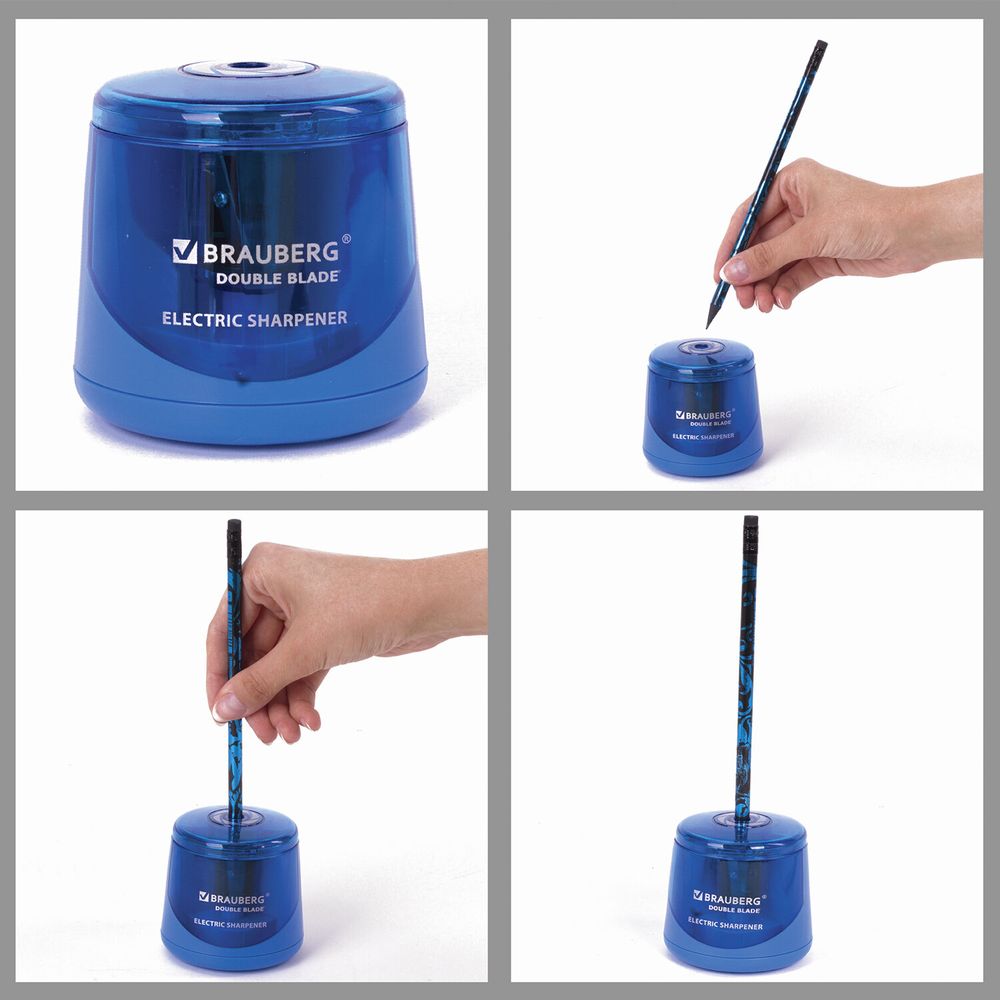 Точилка электрическая BRAUBERG DOUBLE BLADE BLUE, двойное лезвие, питание от 2 батареек AA
