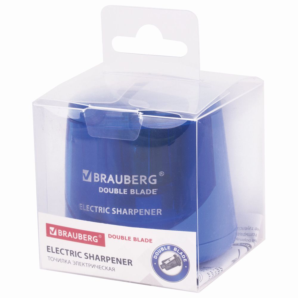 Точилка электрическая BRAUBERG DOUBLE BLADE BLUE, двойное лезвие, питание от 2 батареек AA
