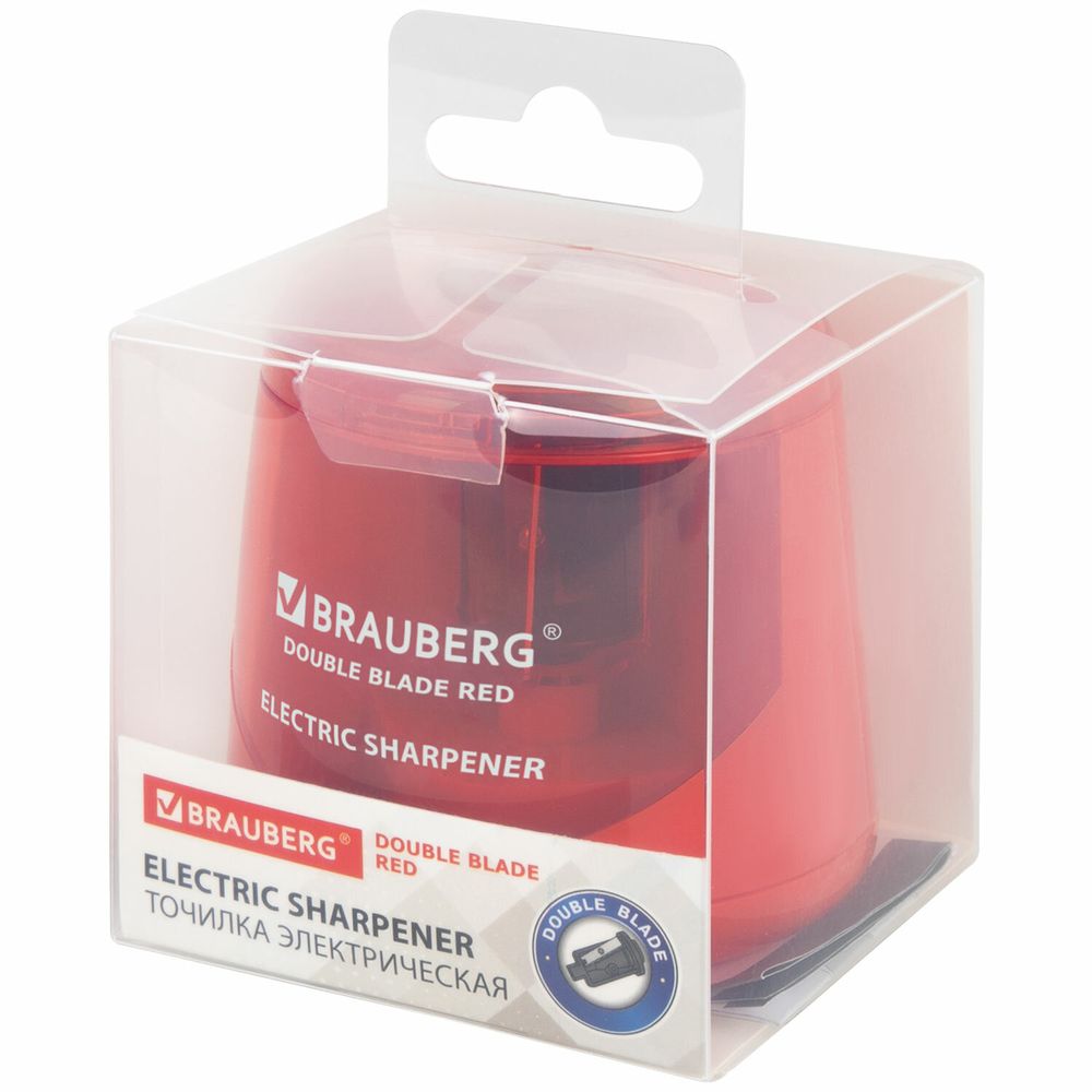 Точилка электрическая BRAUBERG DOUBLE BLADE RED, двойное лезвие, питание от 2 батареек АА