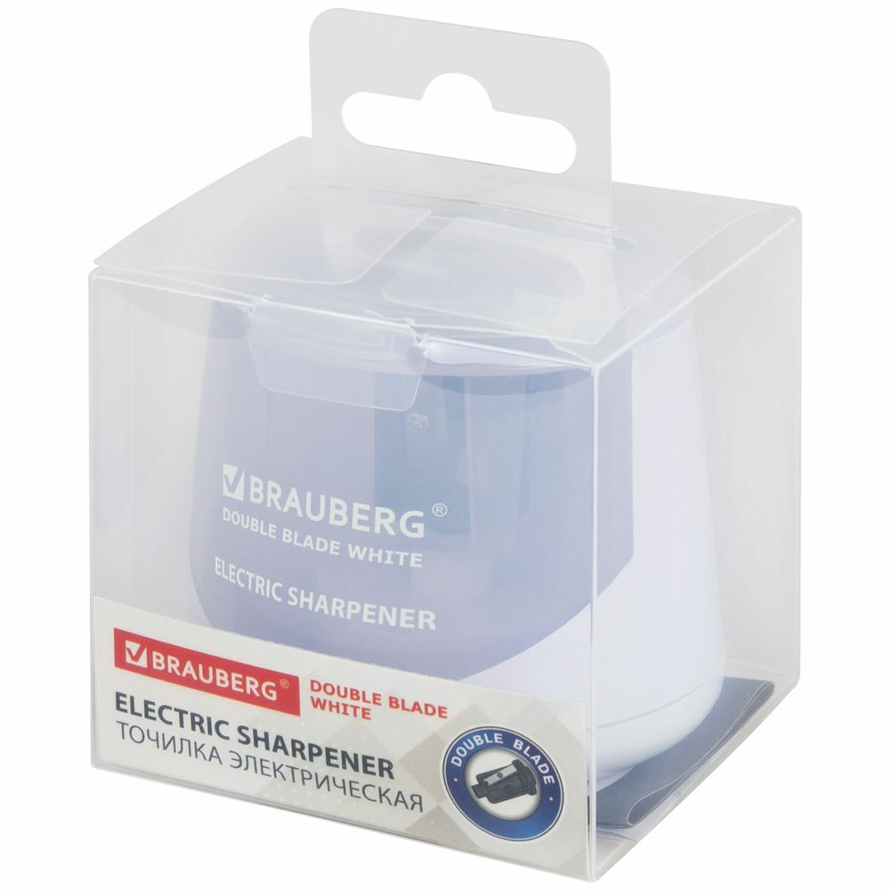 Точилка электрическая BRAUBERG DOUBLE BLADE WHITE, двойное лезвие, питание от 2 батареек