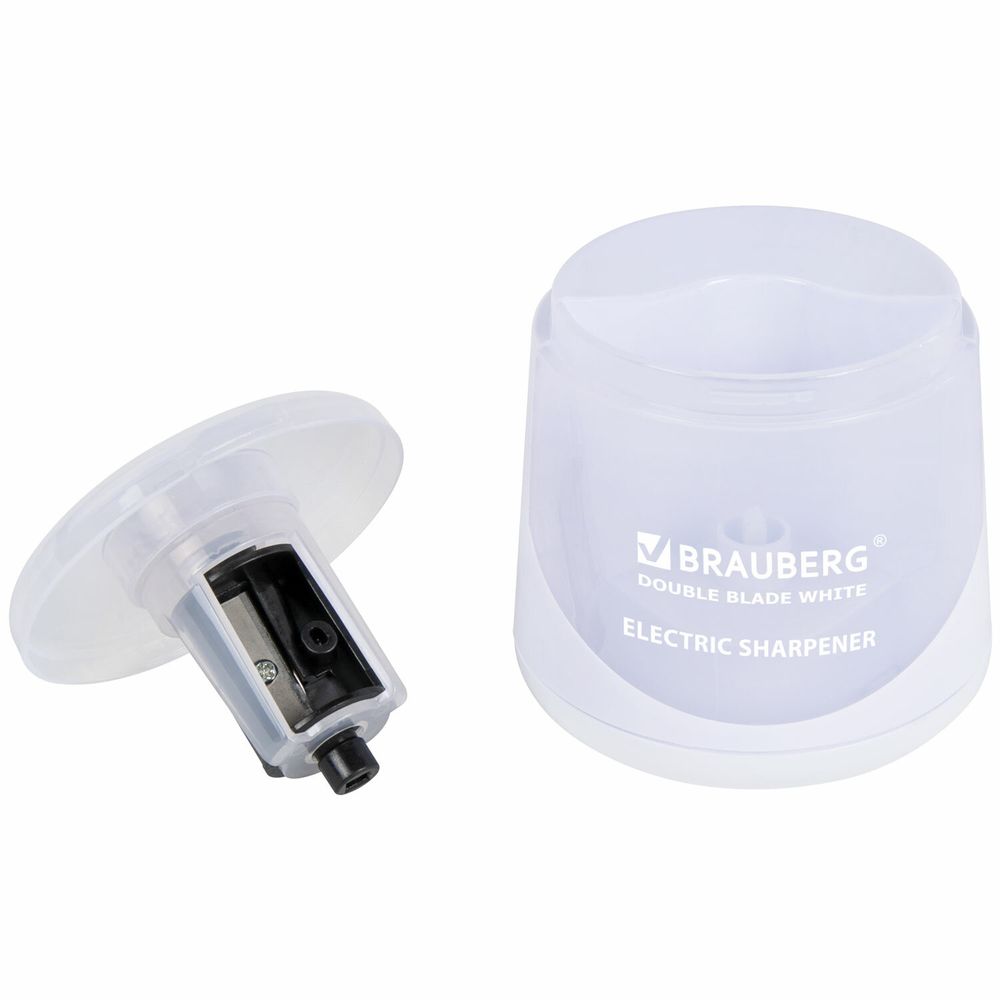 Точилка электрическая BRAUBERG DOUBLE BLADE WHITE, двойное лезвие, питание от 2 батареек