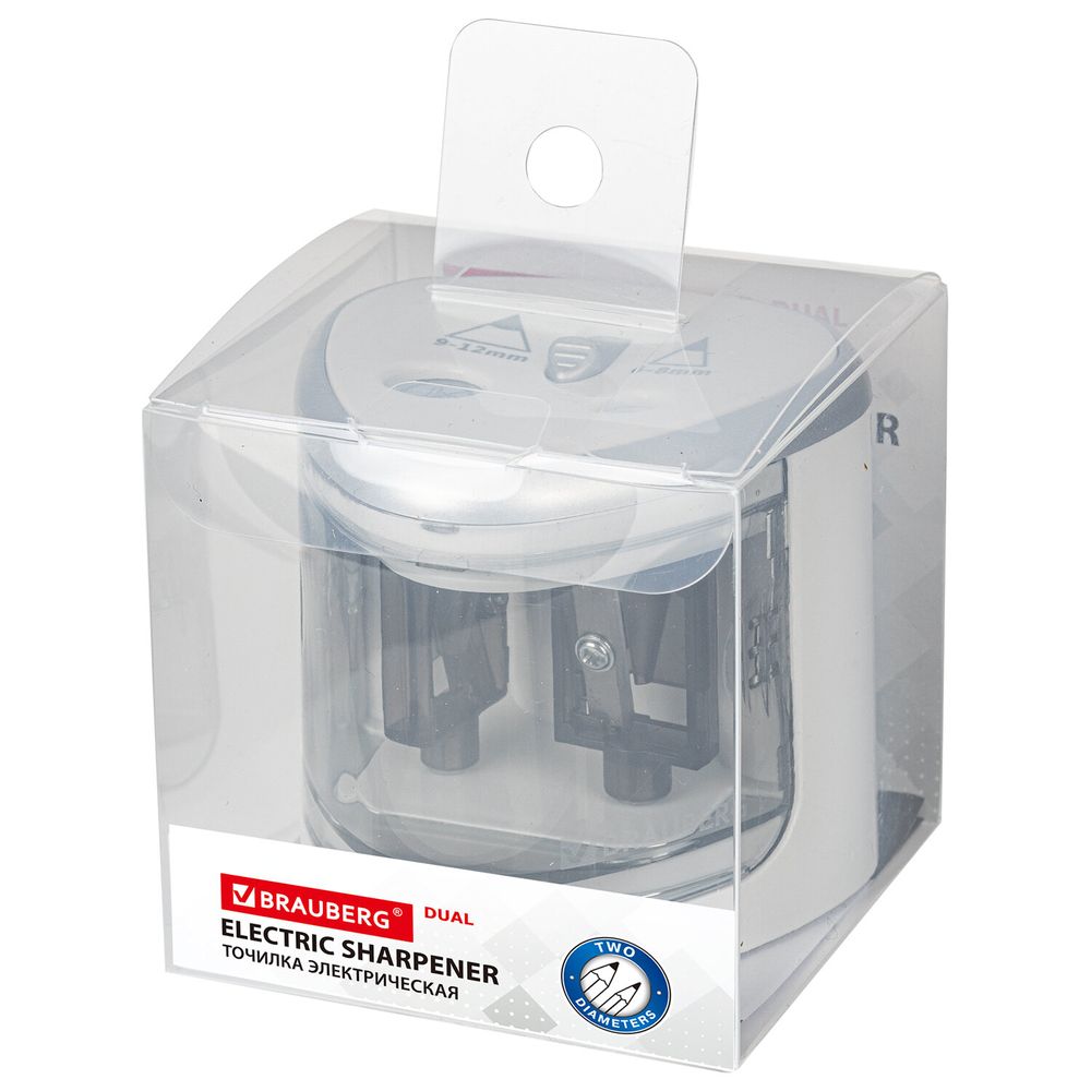 Точилка электрическая BRAUBERG DUAL (для 2 диаметров карандашей!), 4 батарейки АА, белая