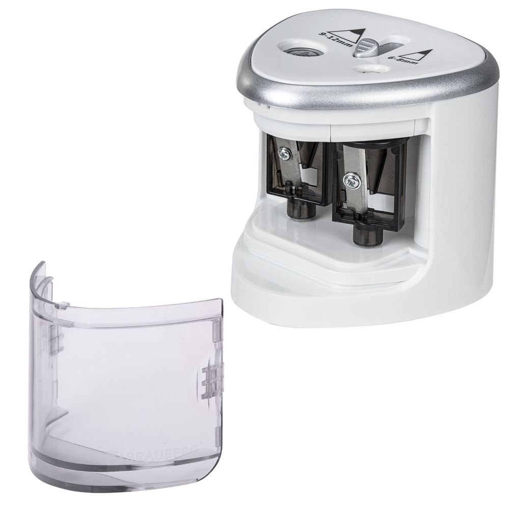 Точилка электрическая BRAUBERG DUAL (для 2 диаметров карандашей!), 4 батарейки АА, белая