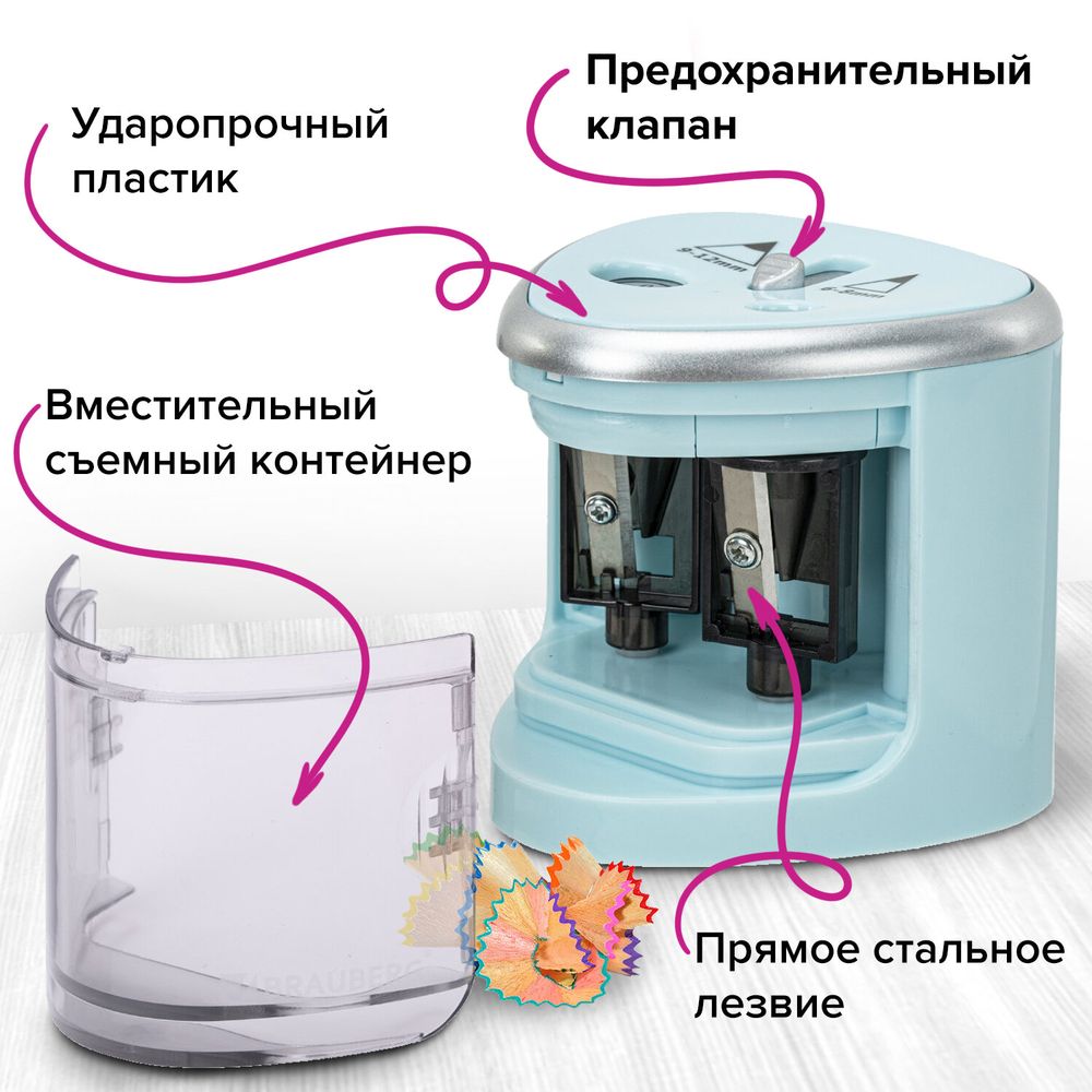 Точилка электрическая BRAUBERG DUAL (для 2 диаметров карандашей!), 4 батарейки АА, голубая