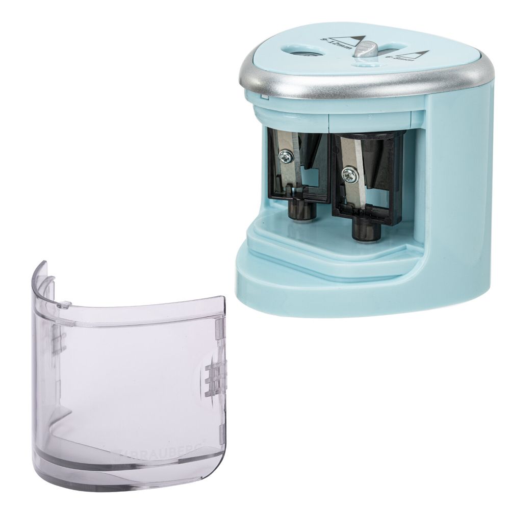 Точилка электрическая BRAUBERG DUAL (для 2 диаметров карандашей!), 4 батарейки АА, голубая