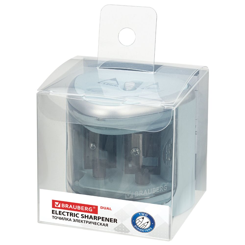 Точилка электрическая BRAUBERG DUAL (для 2 диаметров карандашей!), 4 батарейки АА, голубая