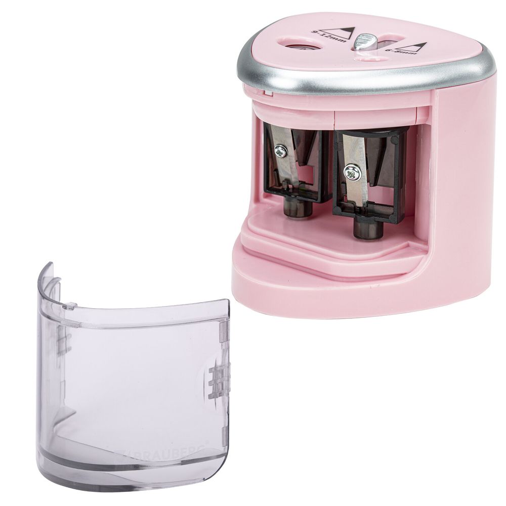 Точилка электрическая BRAUBERG DUAL (для 2 диаметров карандашей!), 4 батарейки АА, розовая