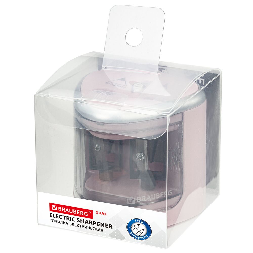 Точилка электрическая BRAUBERG DUAL (для 2 диаметров карандашей!), 4 батарейки АА, розовая