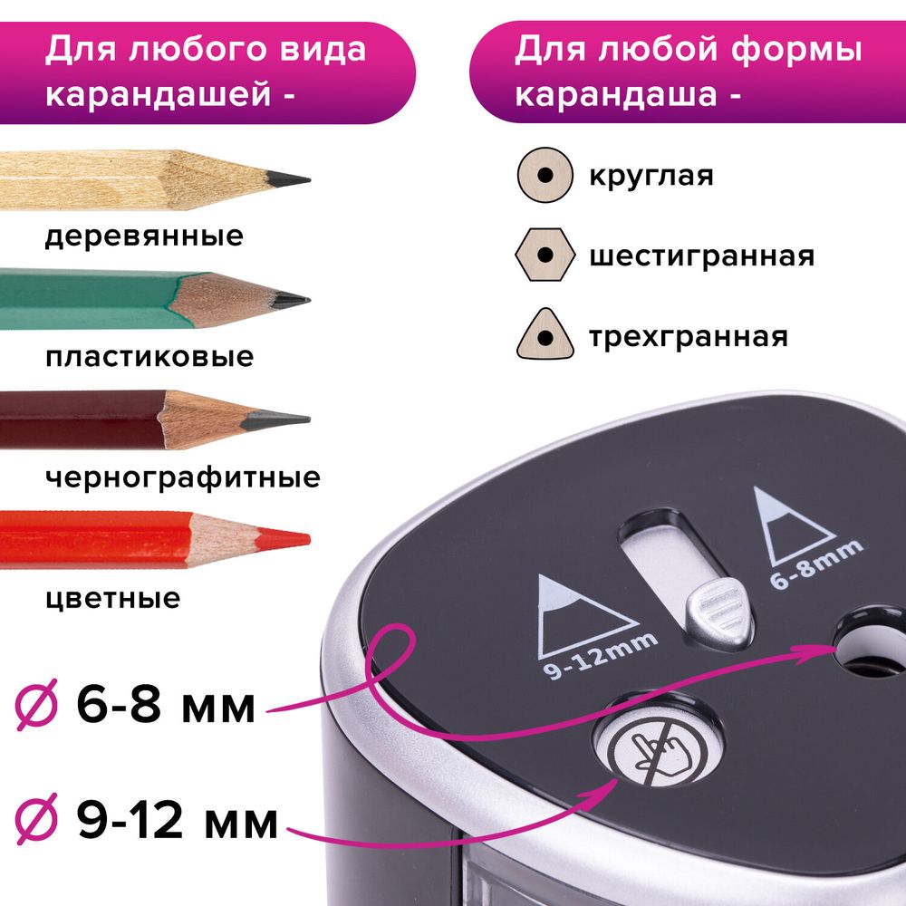 Точилка электрическая BRAUBERG DUAL (для 2 диаметров карандашей!), 4 батарейки АА, черная