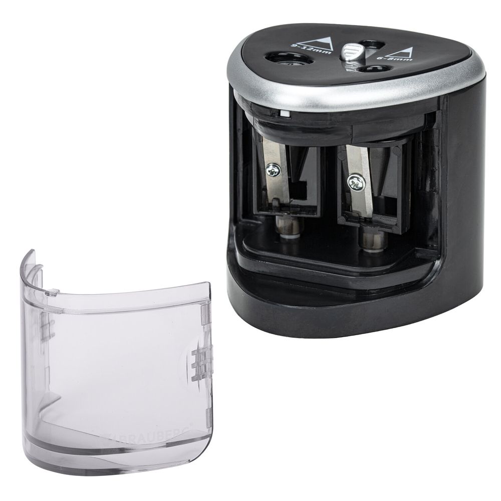 Точилка электрическая BRAUBERG DUAL (для 2 диаметров карандашей!), 4 батарейки АА, черная