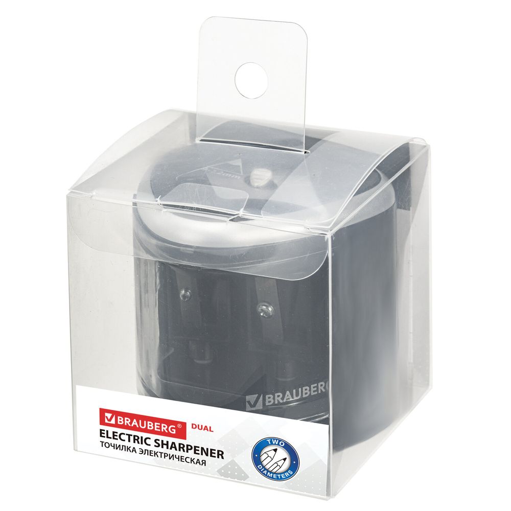 Точилка электрическая BRAUBERG DUAL (для 2 диаметров карандашей!), 4 батарейки АА, черная