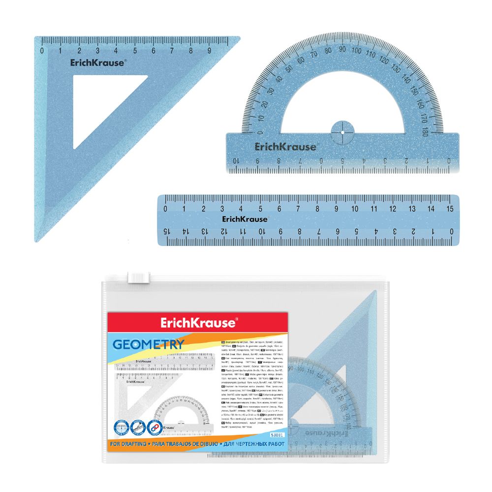Набор геометрический малый пластиковый ErichKrause Glitter, (линейка, угольник, транспортир), голубой, в zip-пакете